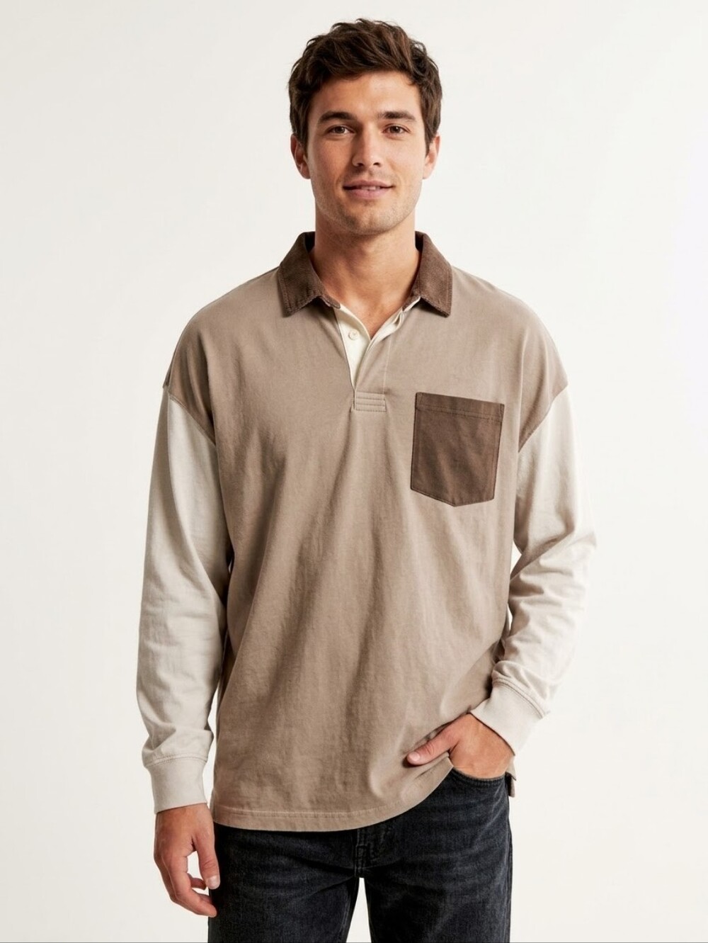 Abercrombie & Fitch Mens XL Oversized Barn Corduroy Collar Rugby Polo Shirt Tan